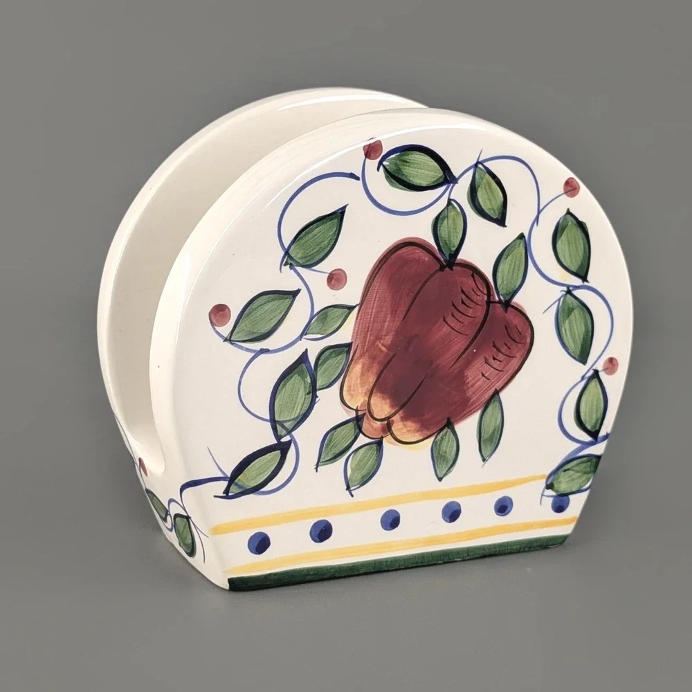 Vintage Hand Painted Ceramic Fruit Napkin Holder Grapes Pear Kitchen Decor